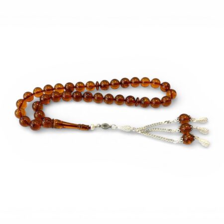 Damla Kehribar Tesbih - 925 Ayar Gümüş Püsküllü, Küre Kesim ( Karamel)