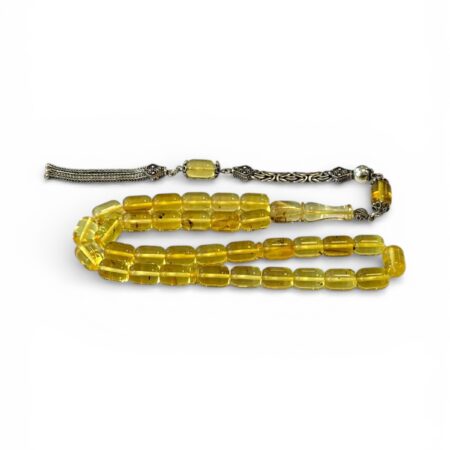 Damla Kehribar Tesbih - 925 Ayar Gümüş Püsküllü, Kapsül Kesim ( Şeffaf Sarı - Fosil )