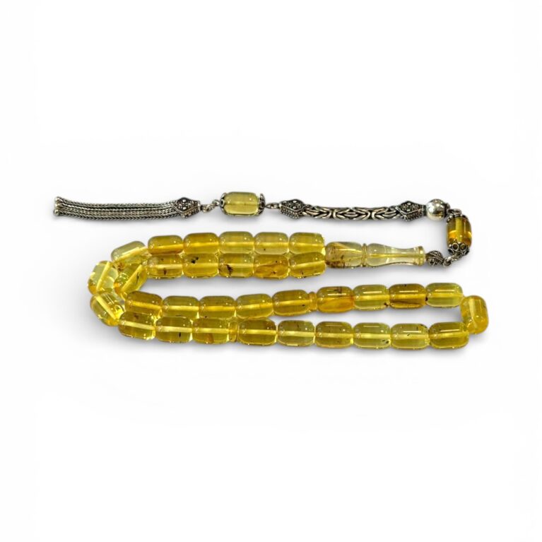 Damla Kehribar Tesbih - 925 Ayar Gümüş Püsküllü, Kapsül Kesim ( Şeffaf Sarı - Fosil )