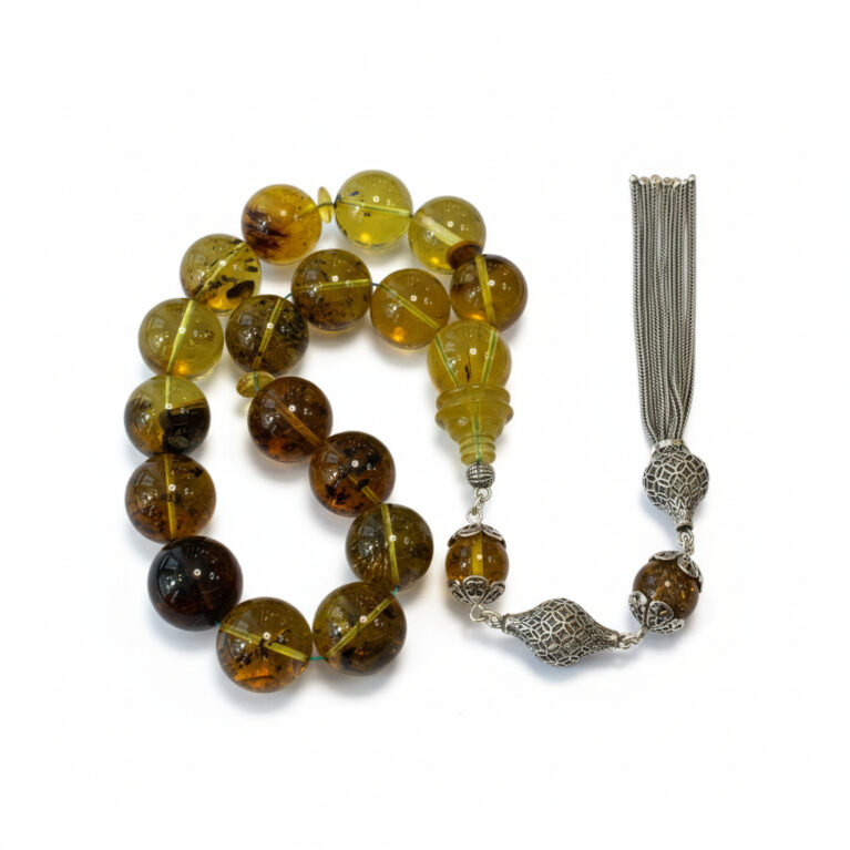 Damla Kehribar Maskot Tesbih - 925 Ayar Gümüş Püsküllü, Küre Kesim ( Şeffaf Fosilli - Efe 17'li )