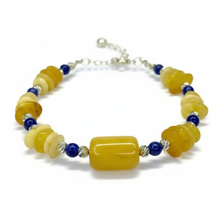 Gümüş Zincirli Doğal Taş Bileklik | Kehribar & Lapis Lazuli Taşı