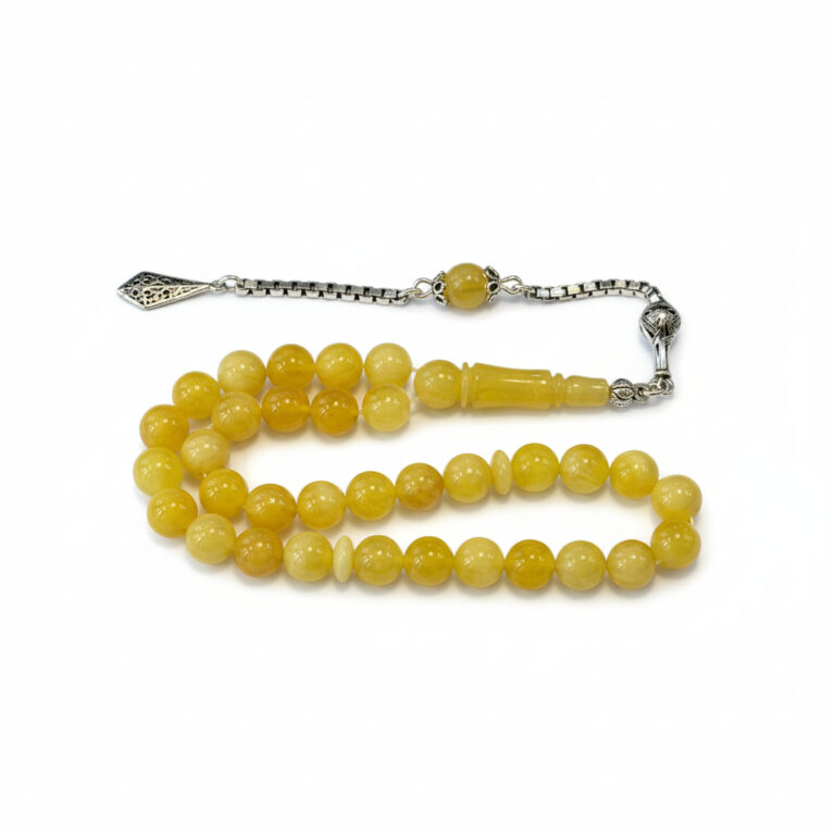 Damla Kehribar Tesbih - 925 Ayar Gümüş Püsküllü, Küre Kesim (Mat Sarı)