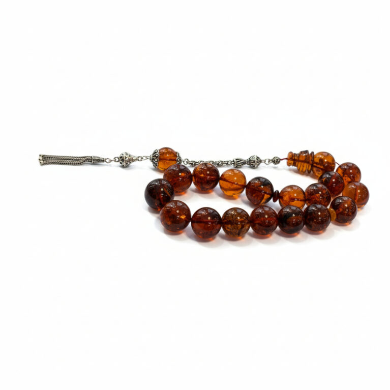 Damla Kehribar Maskot Tesbih - 925 Ayar Gümüş Püsküllü, Küre Kesim ( Karamel - Efe 17'li )