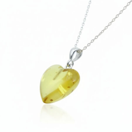 Gümüş Zincirli Kehribar Kolye | Kalp Form Doğal Kehribar