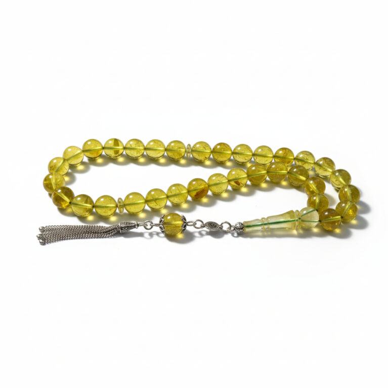 Damla Kehribar Tesbih - 925 Ayar Gümüş Püsküllü, Küre Kesim (Şeffaf Sarı)