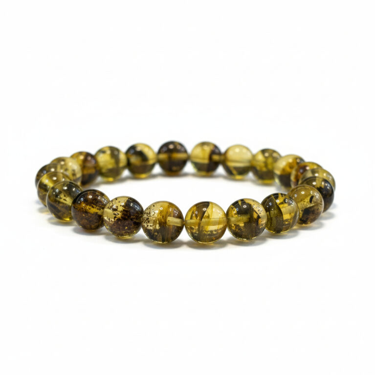 Damla Kehribar Bileklik | Küre Kesim - Şeffaf Fosilli